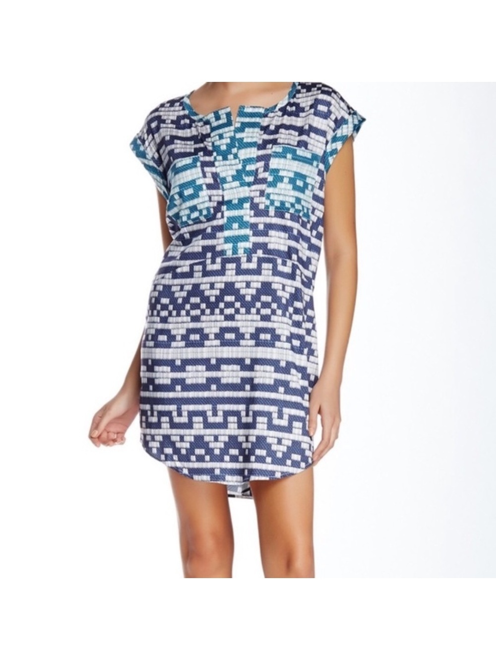 Townsen Shirt Dress Women Medium Blue White Good Short Sleeve Geometric Print